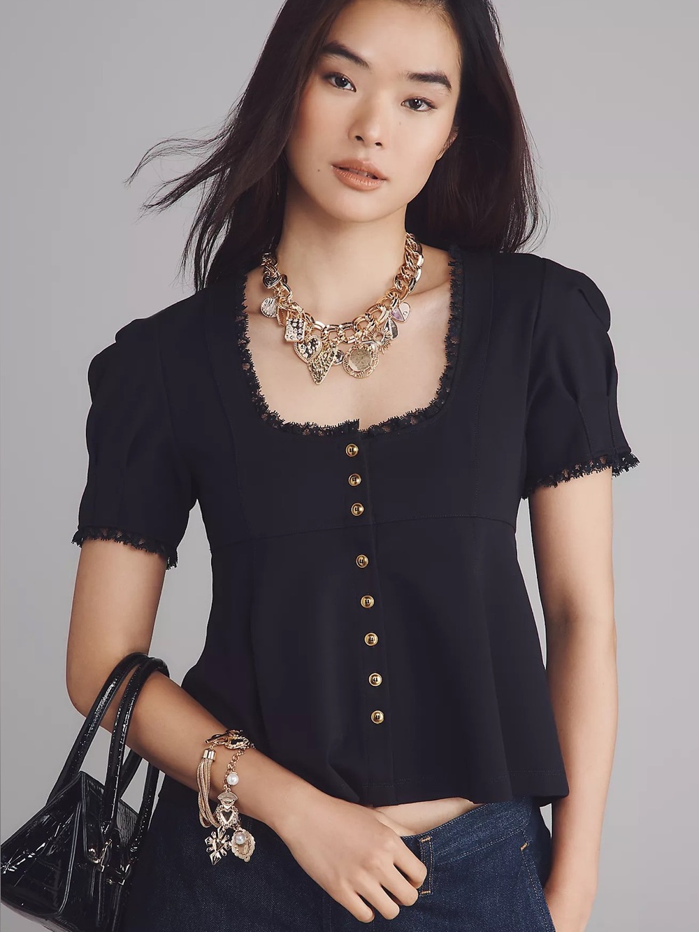 NWT Anthropologie Maeve Maeve Puff-Sleeve Babydoll Top in Black Size Small